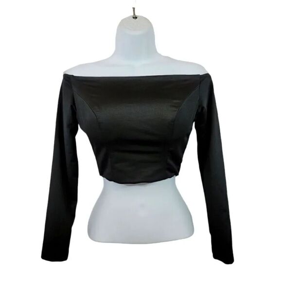 NEW Stretch Scuba Satin Off the Shoulder Longsleeve Crop Top in Black Size Small - Picture 3 of 7